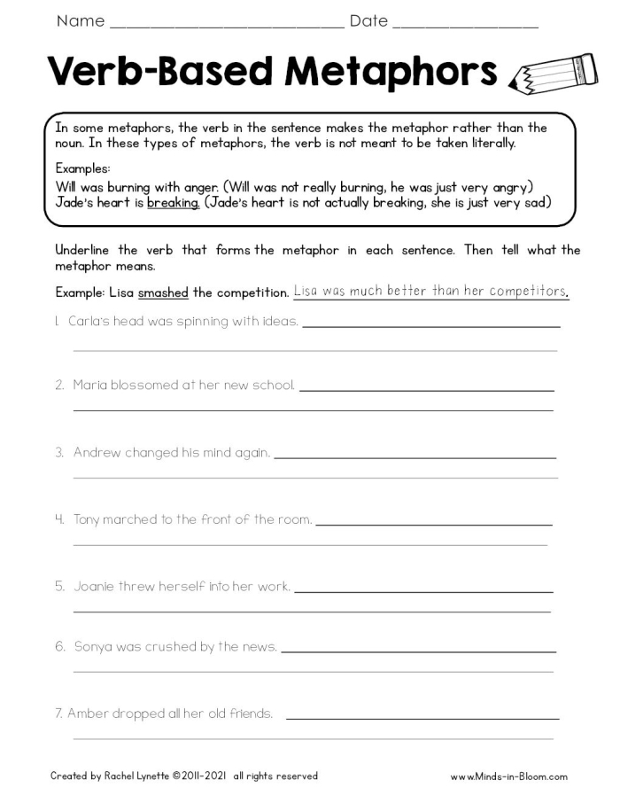 Writing Metaphors with Linking Verbs exercise for fourth grade students, image 17 Fourth grade worksheet focused on creating metaphors using linking verbs with guided practice