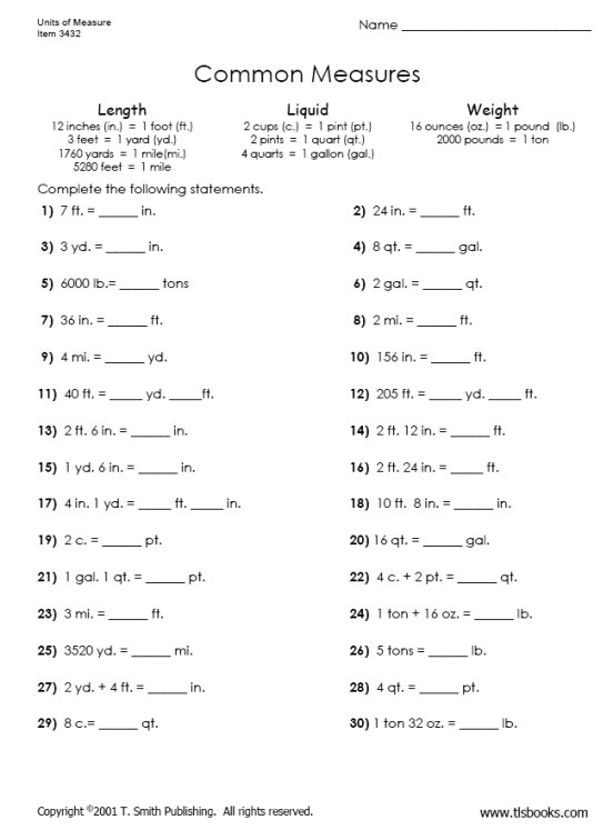Common Units of Measurement worksheet showing basic metric conversions for students