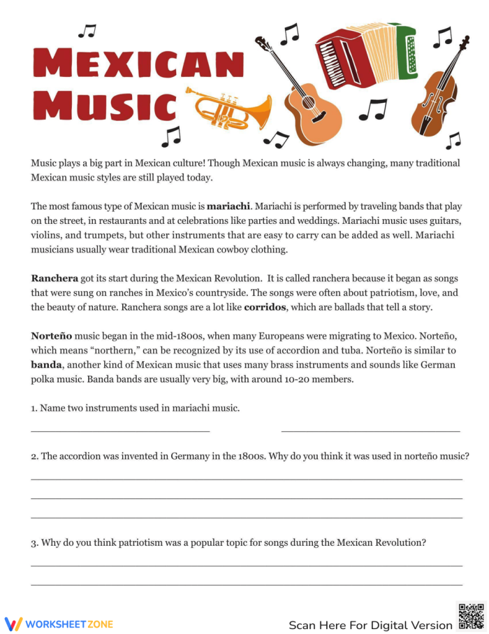 Second grade students completing a Mexican Music Facts reading and writing worksheet