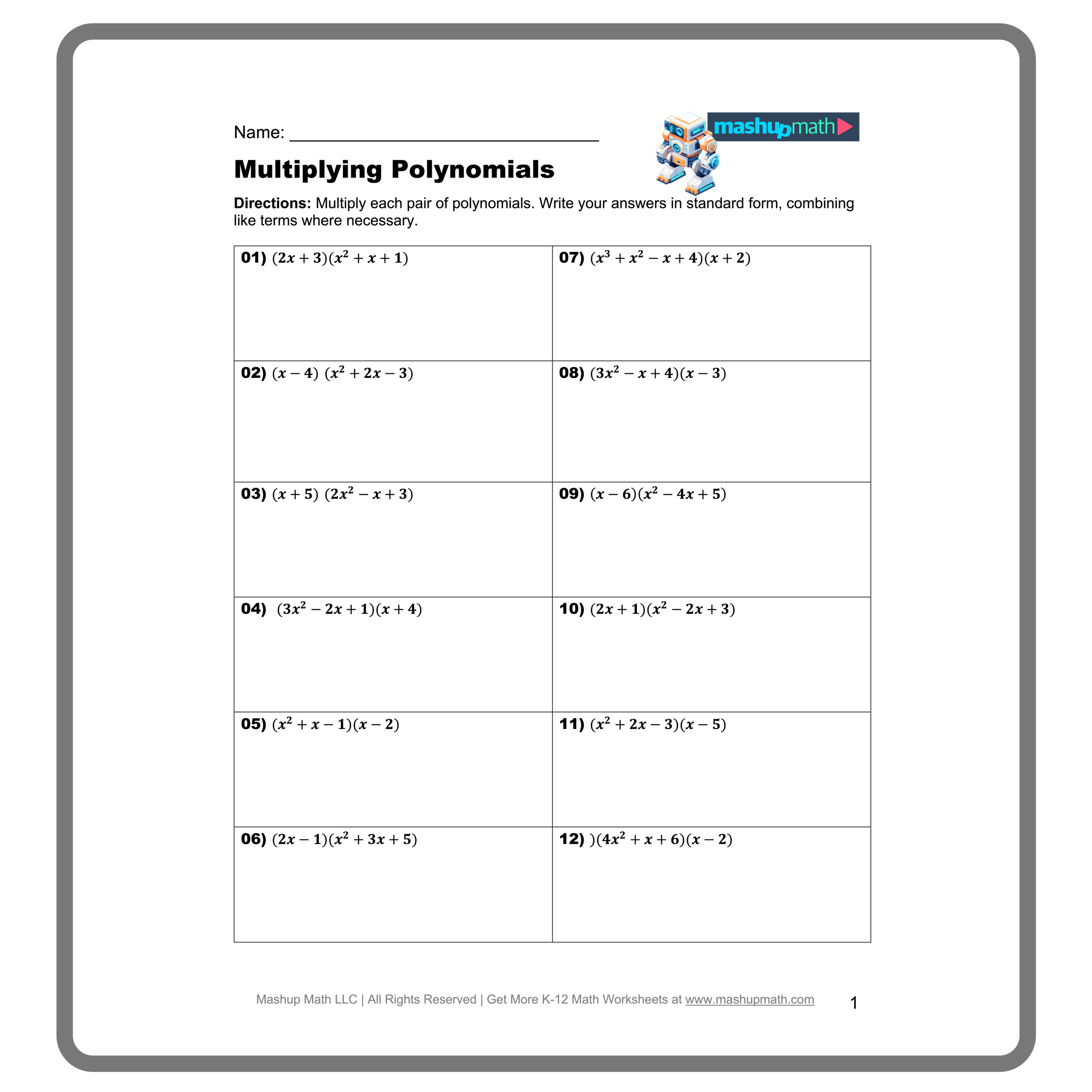 A middle school student working through polynomial practice problems on a worksheet with examples of standard form