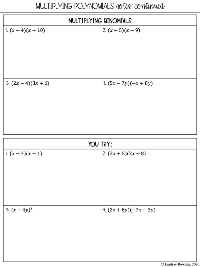 A middle school student working through polynomial practice problems on a worksheet with equations and expressions