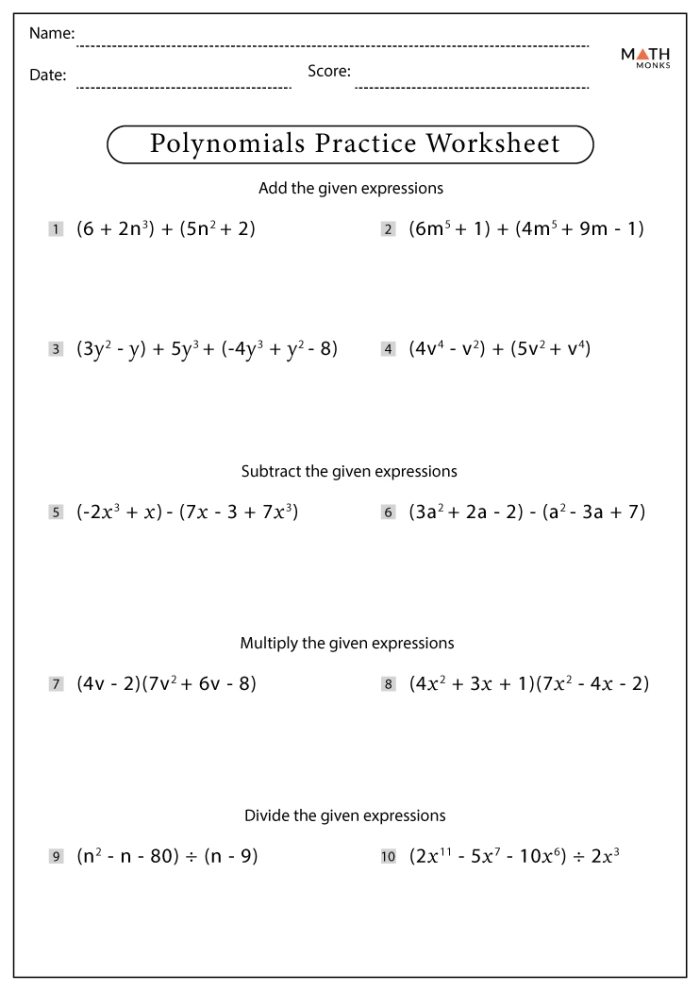 A middle school student working through polynomial practice problems on a worksheet with expressions to simplify and reorder into standard form