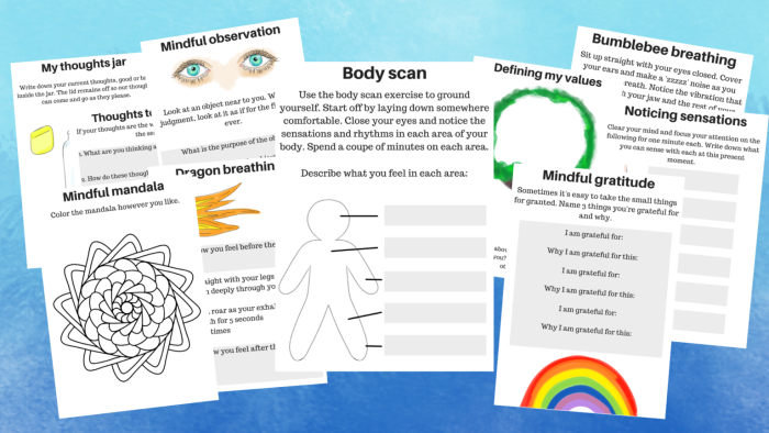 Mindfulness techniques worksheet for sixth graders focusing on social-emotional learning