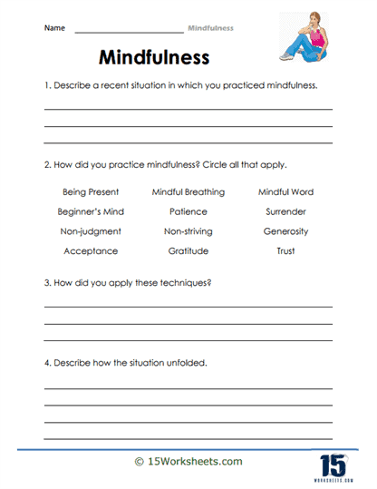 Mindfulness worksheet for sixth graders focusing on social emotional learning