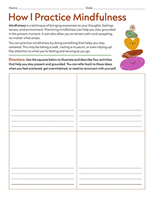 Mindfulness worksheet for sixth graders focusing on social emotional learning techniques
