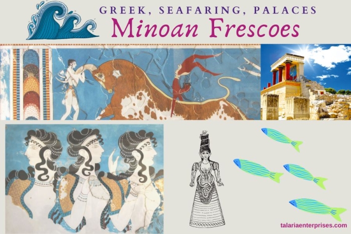 Three colorful ancient Minoan frescoes showing detailed wall paintings with figures and decorative patterns from a sixth grade worksheet about exponents and roots