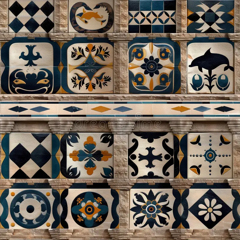 Three colorful ancient Minoan frescoes showing detailed wall paintings with figures and decorative patterns from a sixth grade worksheet about exponents and roots