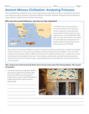 Three colorful ancient Minoan frescoes displayed side by side showing detailed wall paintings with figures and decorative patterns from the palace culture