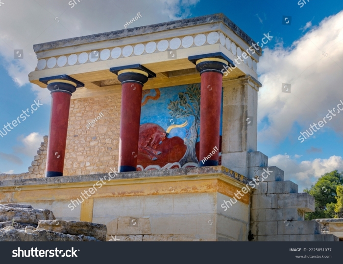 Three ancient Minoan frescoes showing colorful wall paintings depicting figures, animals, and cultural scenes from the Bronze Age civilization