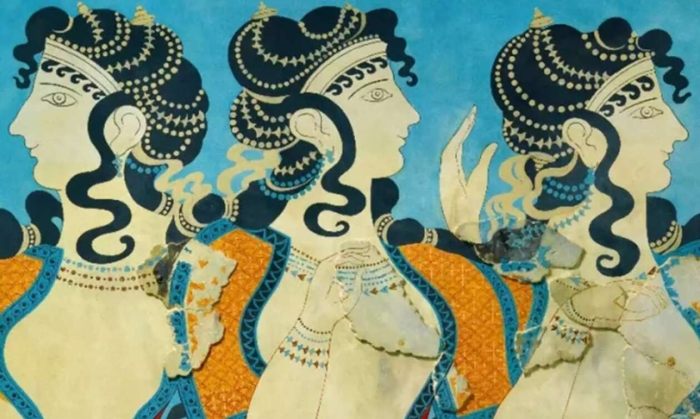 Three colorful ancient Minoan frescoes depicting cultural scenes and social traditions from a sixth grade worksheet on exponents and roots