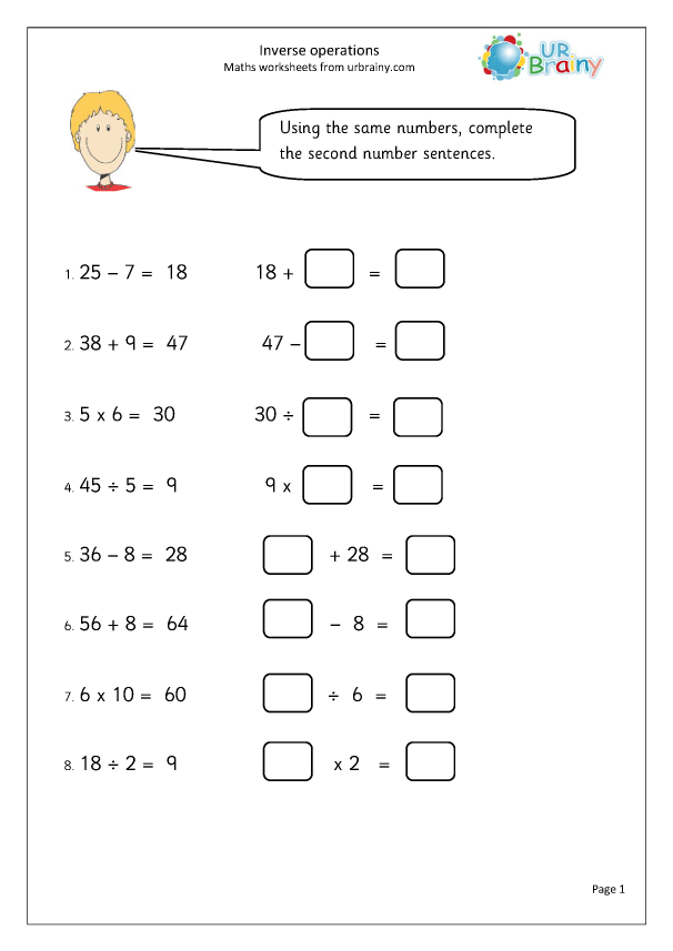 Worksheet image 23 showing subtraction problems using inverse operations for kids First grade worksheet for inverse subtraction practice with missing numbers to solve