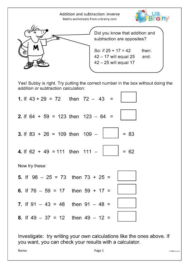 Inverse subtraction practice for young learners to find missing values in subtraction exercises First Grade inverse subtraction worksheet with missing numbers to solve subtraction problems
