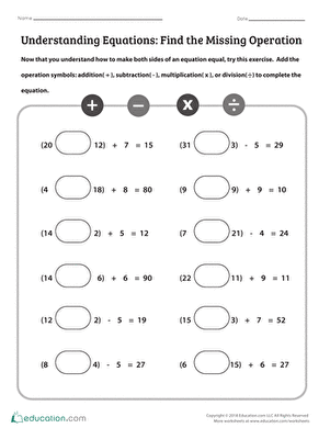 Fifth grade worksheet on finding the missing operation in equations for balanced math problems