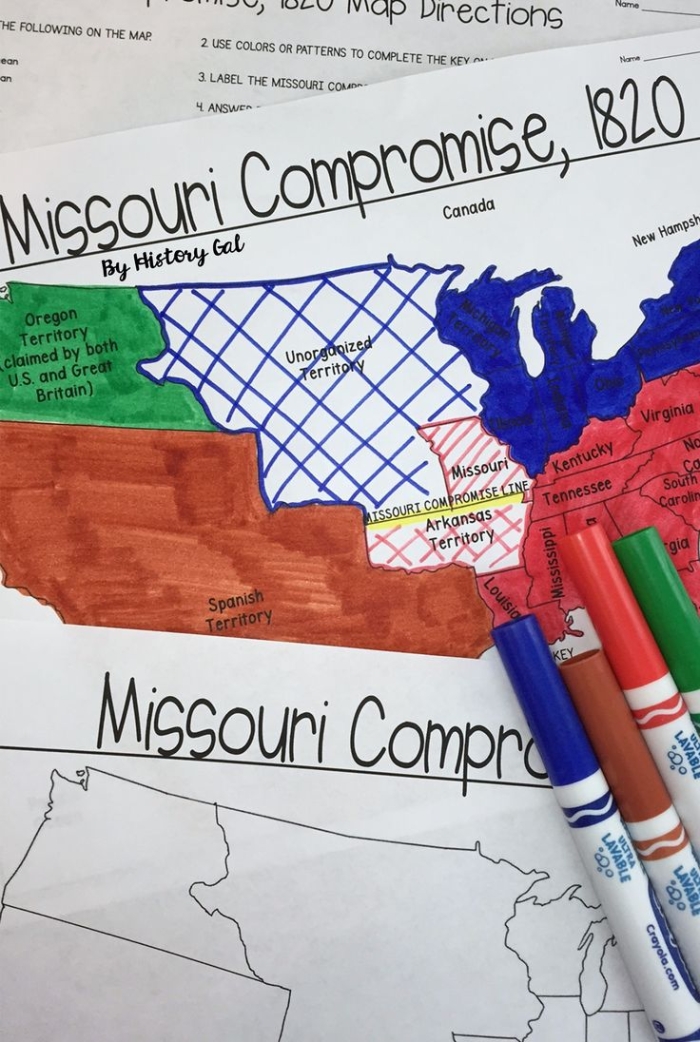Worksheet titled "The Missouri Compromise" designed for fourth-grade students to explore its cultural and geographical impact on America. Educational resource image for the Missouri Compromise worksheet, aimed at enhancing student understanding.
