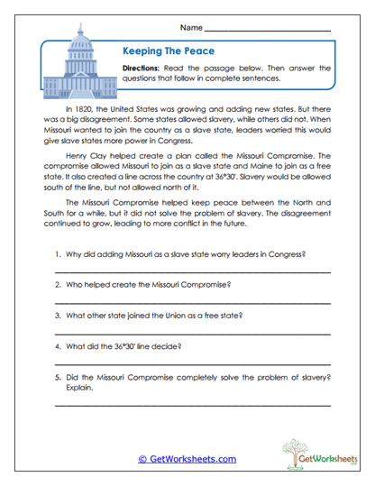 Worksheet illustrating the Missouri Compromise for fourth graders studying American history