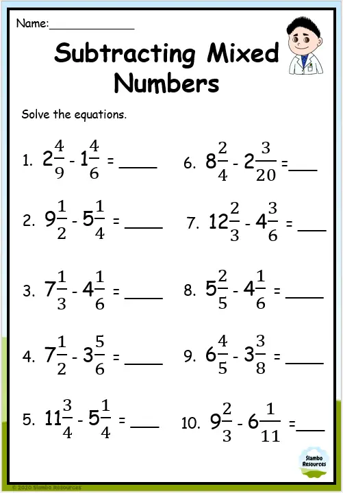 Worksheet for practicing mixed fraction subtraction with like denominators for fourth graders