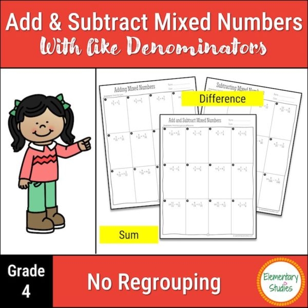 Worksheet for practicing mixed fraction subtraction with like denominators for fourth graders