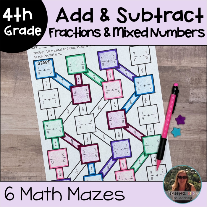 Worksheet for practicing mixed fraction subtraction with like denominators for fourth graders