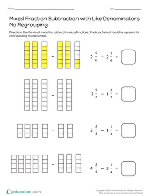 Worksheet for practicing subtraction of mixed fractions with like denominators for fourth graders