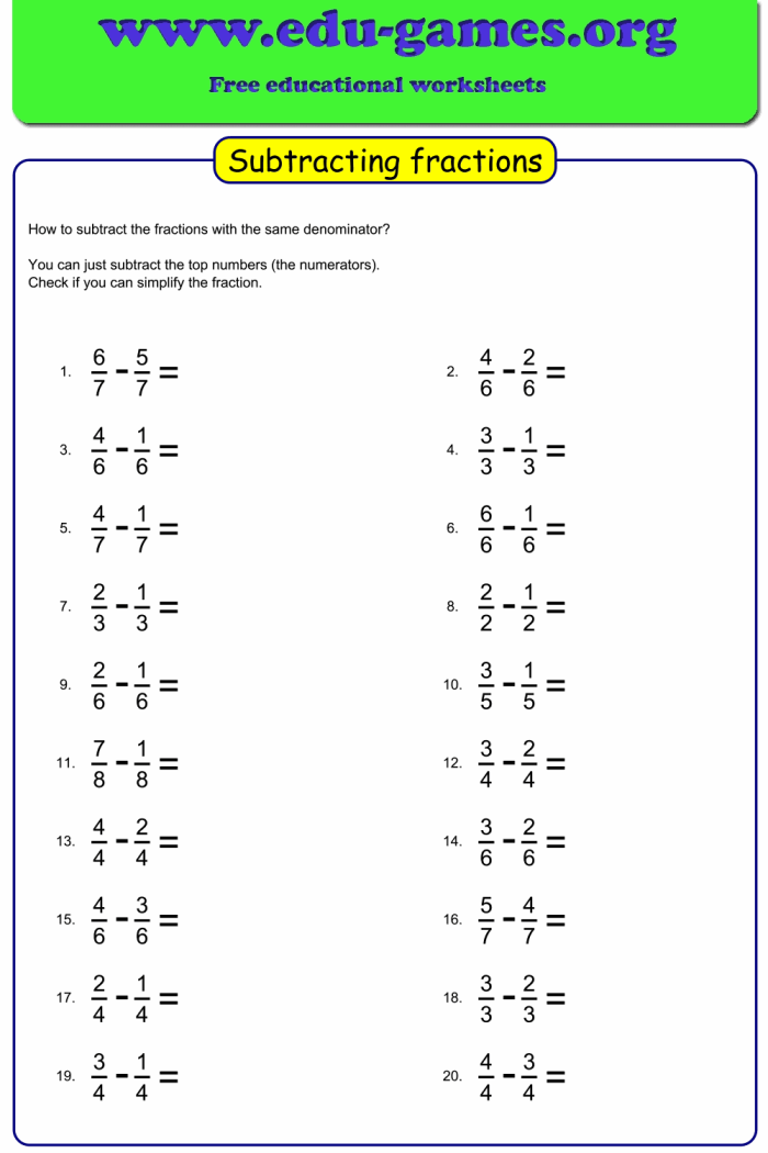Worksheet focusing on mixed fraction subtraction with like denominators for fourth graders