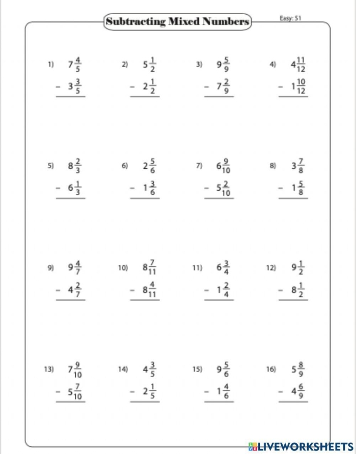 Worksheet for practicing mixed fraction subtraction with like denominators for fourth graders