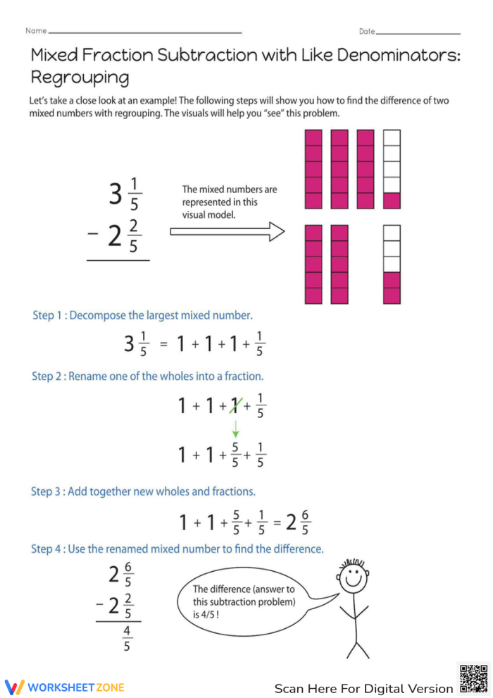 Worksheet for practicing mixed fraction subtraction with like denominators for fourth graders