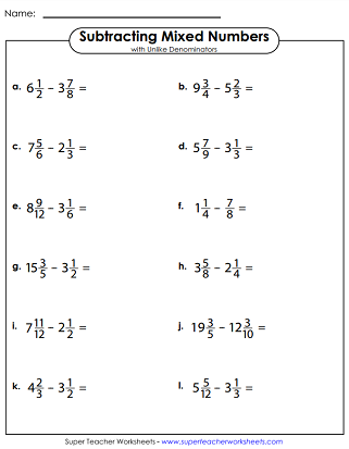 Worksheet for practicing mixed fraction subtraction with like denominators for fourth graders