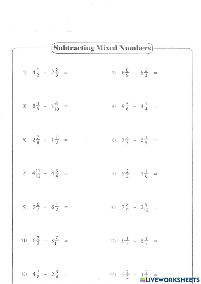Worksheet for practicing mixed fraction subtraction with like denominators for fourth graders