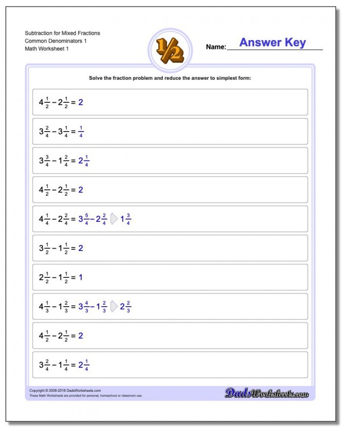 Worksheet for practicing mixed fraction subtraction with like denominators for fourth graders