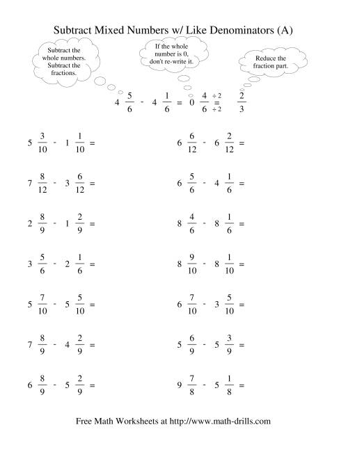 Worksheet for practicing mixed fraction subtraction with like denominators for fourth graders