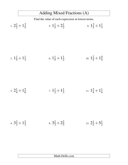 Worksheet for practicing addition of mixed fractions with unlike denominators for fifth graders Fifth grade student working on adding mixed fractions with different denominators worksheet