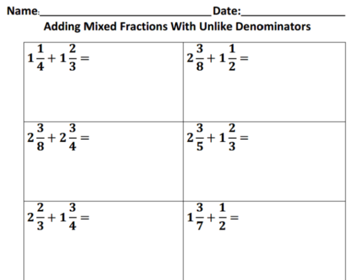 Worksheet for practicing addition of mixed fractions with unlike denominators for fifth graders Fifth grade student completing an adding mixed fractions with different denominators worksheet