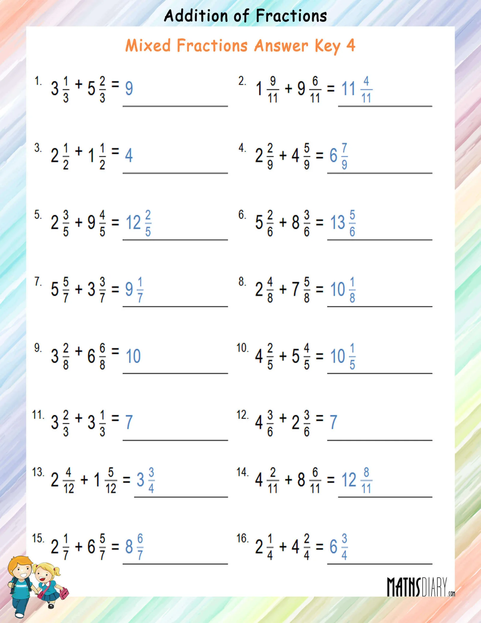 Adding mixed fractions practice worksheet for fifth graders Fifth grade worksheet for adding mixed fractions with different denominators