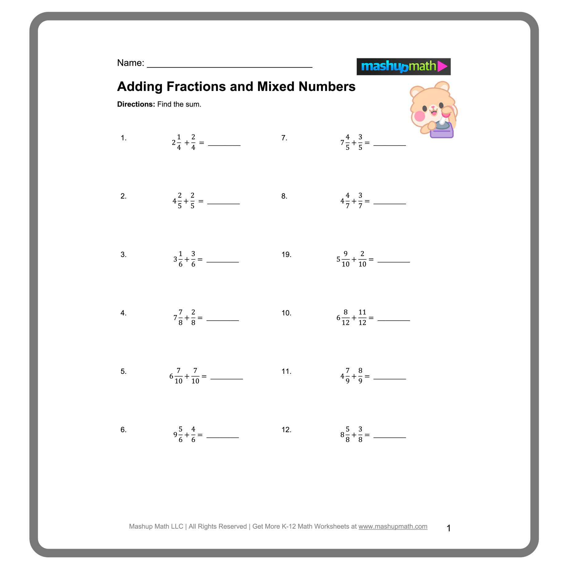 Worksheet for practicing addition of mixed fractions with different denominators in fifth grade math Fifth grade math worksheet showing steps to add mixed fractions with unlike denominators