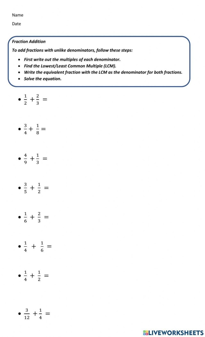 Practice worksheet for adding mixed fractions with different denominators in fifth grade math Fifth grade math worksheet showing steps for adding mixed fractions with unlike denominators