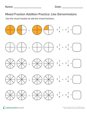 Practice worksheet for solving mixed fraction addition problems in fifth grade math Fifth grade math worksheet on adding mixed fractions with unlike denominators