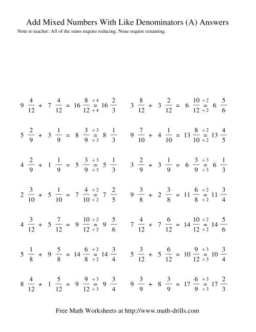 Practice worksheet for solving mixed fractions addition problems, image 4 Fifth grade worksheet for adding mixed fractions with different denominators