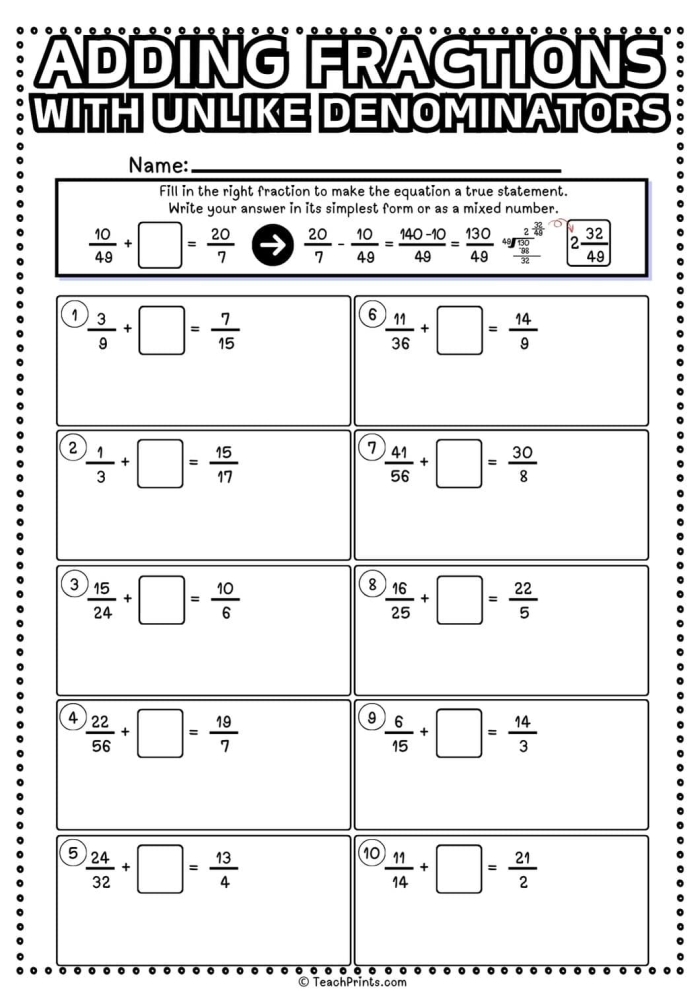 Practice worksheet for adding mixed fractions aimed at fifth grade students Fifth grade worksheet showing how to add mixed fractions with unlike denominators