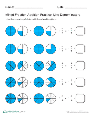 Worksheet for practicing addition of mixed fractions with unlike denominators in fifth grade math Fifth grade student completing an adding mixed fractions with different denominators worksheet