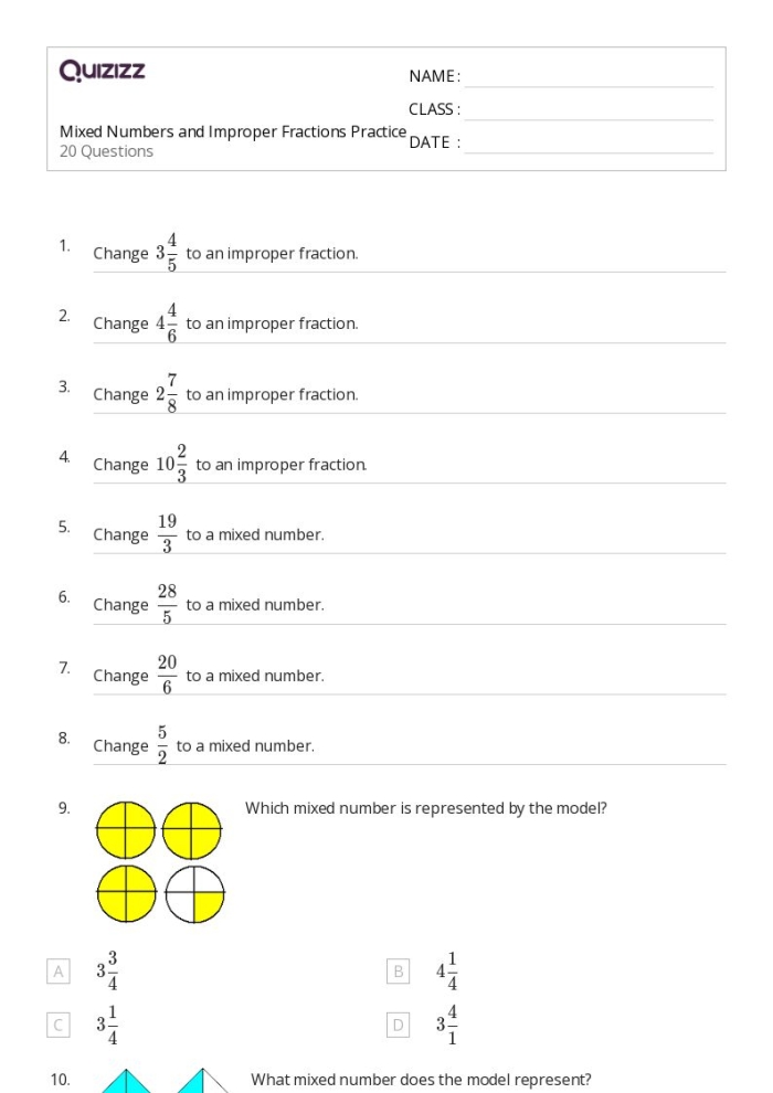 Fifth grade math worksheet focusing on mixed and improper fractions with colorful visuals