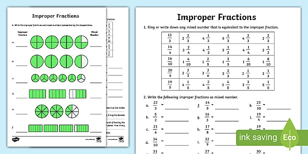 Fifth grade worksheet for practicing mixed and improper fractions with colorful visuals