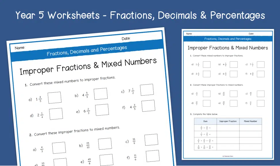 Fifth grade math worksheet focusing on mixed and improper fractions practice