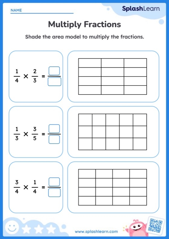 Fifth grade math worksheet showing an area model for multiplying mixed numbers