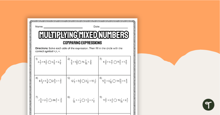 Fifth grade math worksheet showing area model to multiply mixed numbers exercise