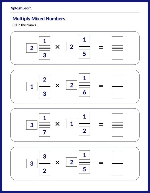 Fifth grade worksheet showing the area model method for multiplying mixed numbers