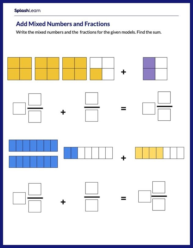 Worksheet showing the area model method for multiplying mixed numbers in fifth grade