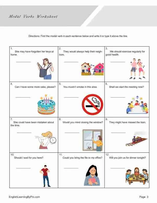 Fourth grade student completing a Use Modal Verbs worksheet focused on algebra concepts