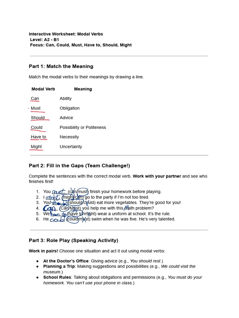Fourth grade worksheet focusing on modal verbs in sentences for algebra practice
