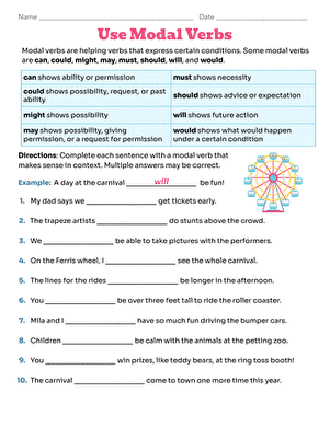 Fourth grade student completing a Use Modal Verbs worksheet focused on grammar practice
