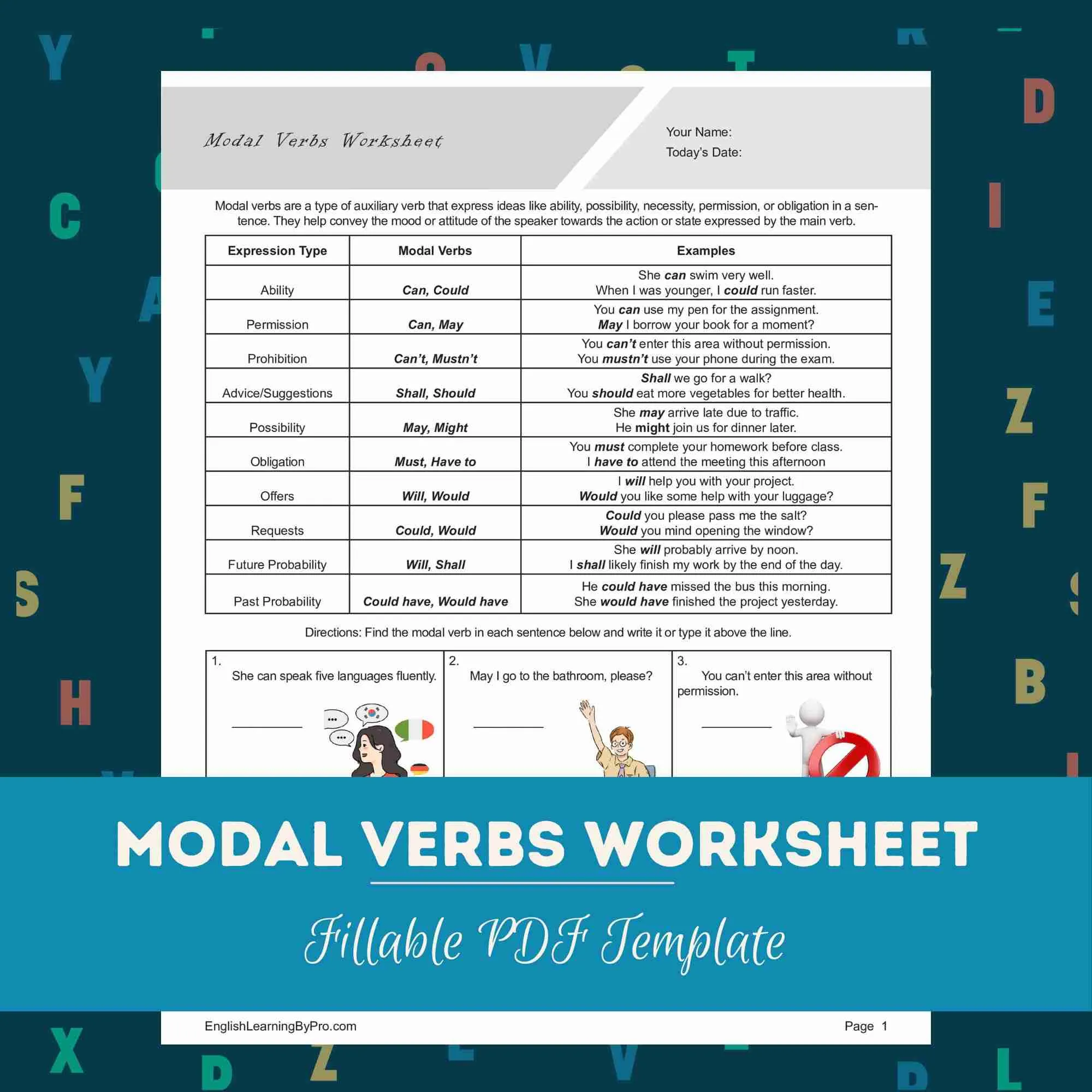 Fourth-grade worksheet focused on using modal verbs in sentences for grammar practice
